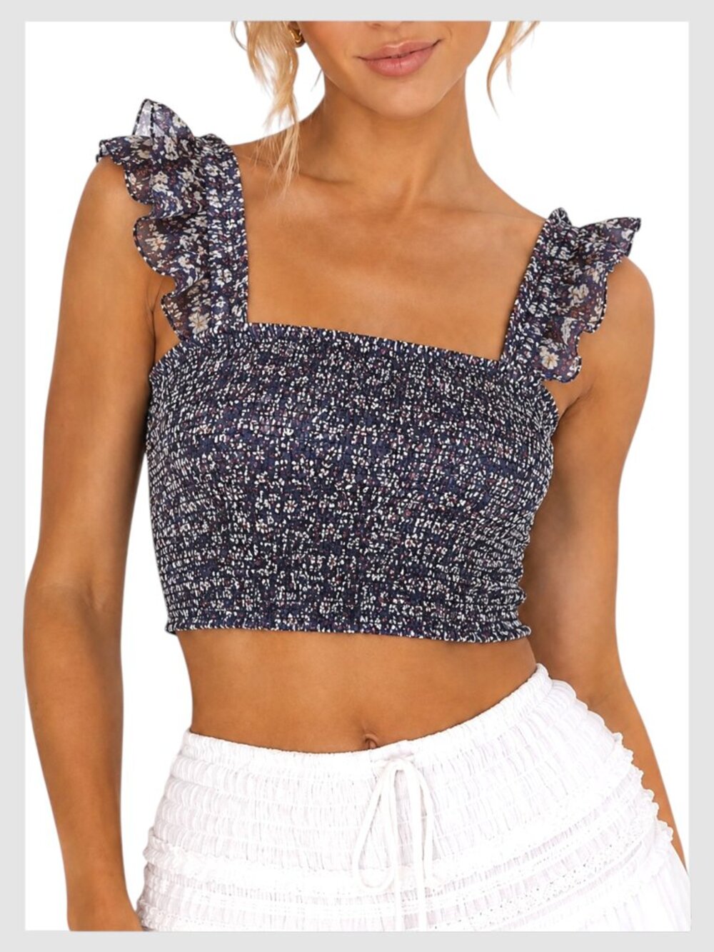 We’re All Pretty Girls Smocked Crop Top Blue Floral Ruffle Strap M